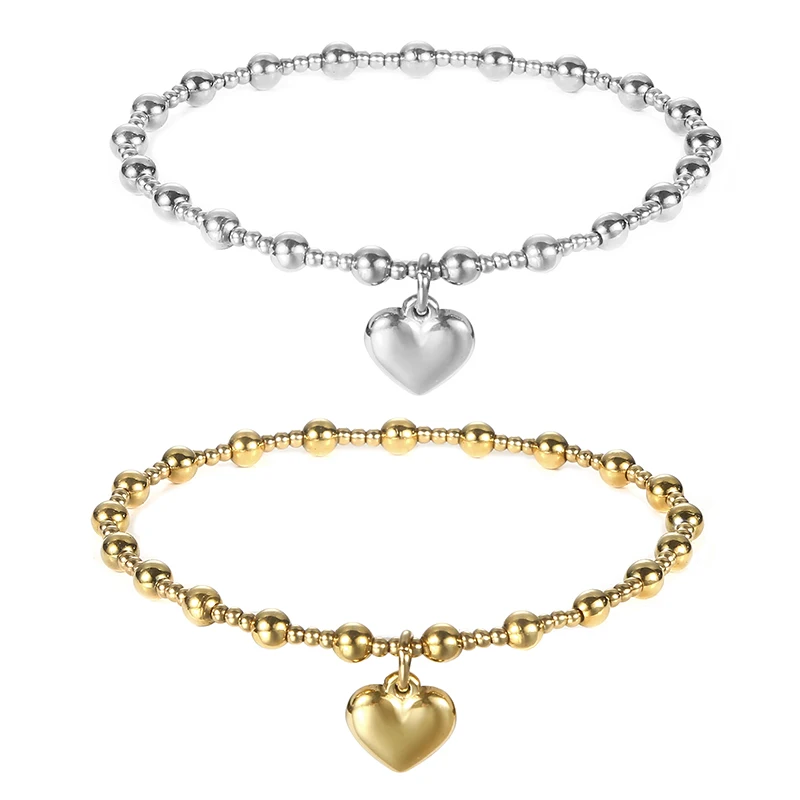 Stainless Steel Jewelry Girl Party Durable Solid Round Beads Smooth Heart-Shaped Elasticity Bracelet
