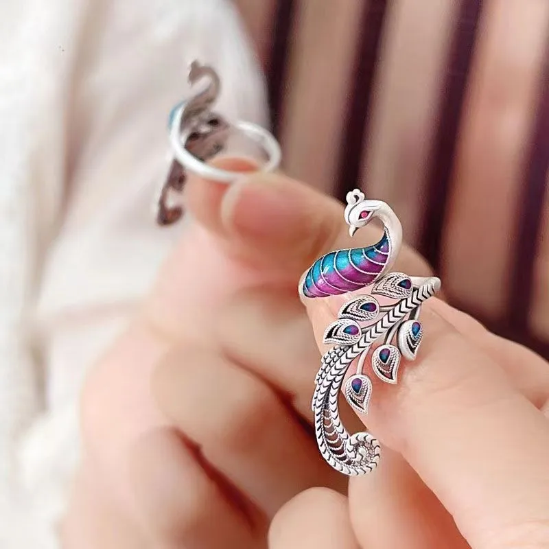 Noble Elegant Wedding 925 Sterling Silver Fashion Enamel Peacock Open Rings For Women Girl Lady Anti-Allergy LR041 5