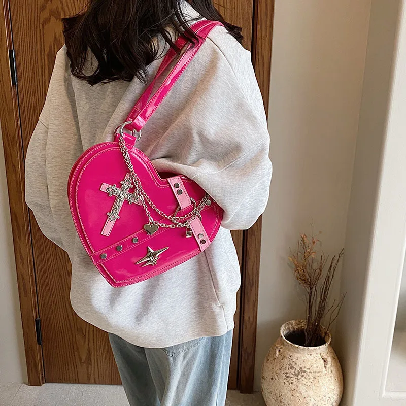 Bag Shoulder Y2k Dark Crossbody Love Shaped Lacquer Leather Handbags For Women Casual High-Quality Messenger Versatile Luxury