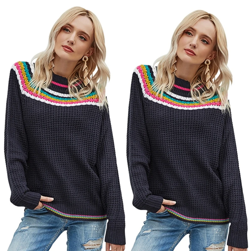 

Women Long Sleeve Chunky Knitted Sweater Rainbow Stripes Jumper Tops P8DB