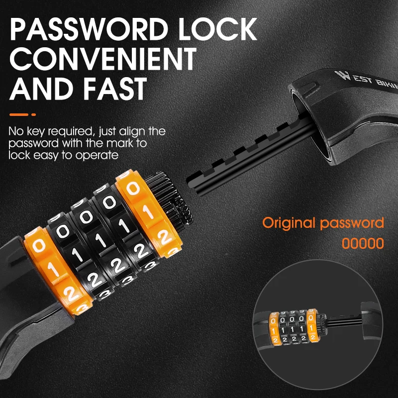 WEST BIKING 2M Lengthen Bike Password Lock Anti Theft MTB Road Bicycle Cable Lock Electric Bike Motorcycle Cycling Accessories