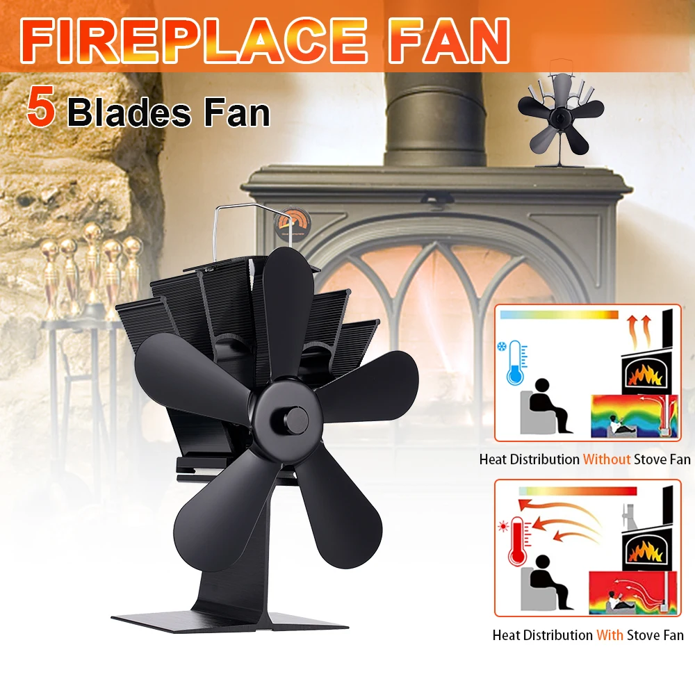 

5 Blade Heat Powered Stove Fan Vertical Fireplace Fan Log Wood Burner Eco Quiet Home Fireplace Fan Efficient Heat Distribution