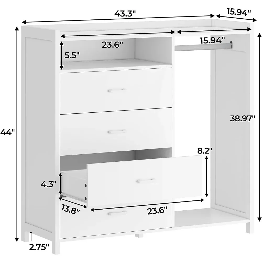 Children's Wardrobes, White Dresser for Bedroom with Clothing Rack, Dressers& Chests of Drawers,4 Drawer Dresser with LED Lights 2