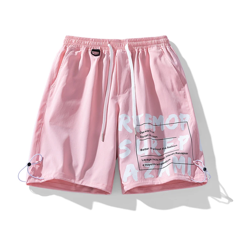 Men's Summer Elastic High Waist Pockets Letter Bandage Printing Drawstring Casual Loose Trousers Fashion Vacation Punk Shorts