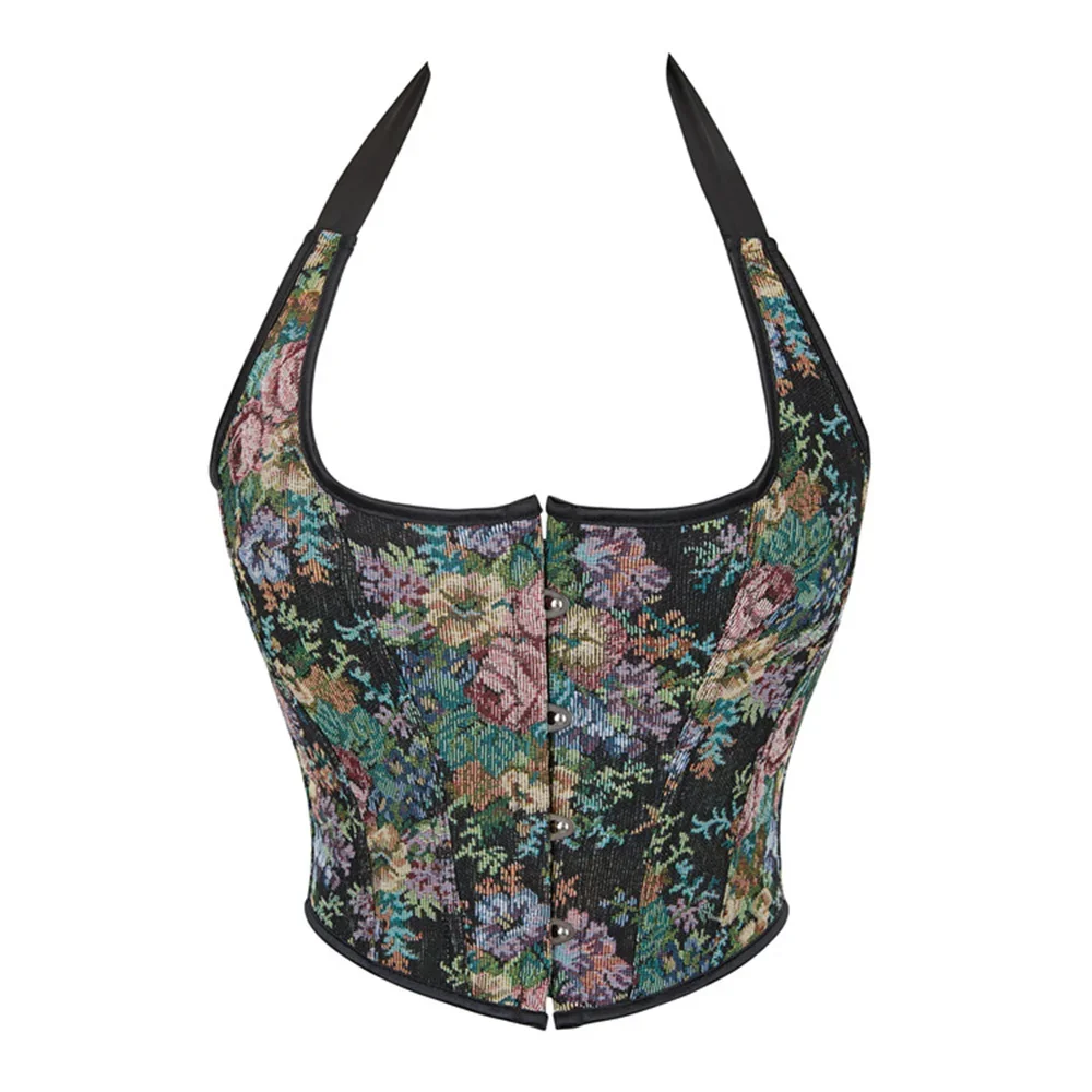 

Vintage Women Bustier Corset Crop Top Sexy Halter Lace-Up Floral Print Push Up Overbust Lingerie Tops Black Gothic Corsets