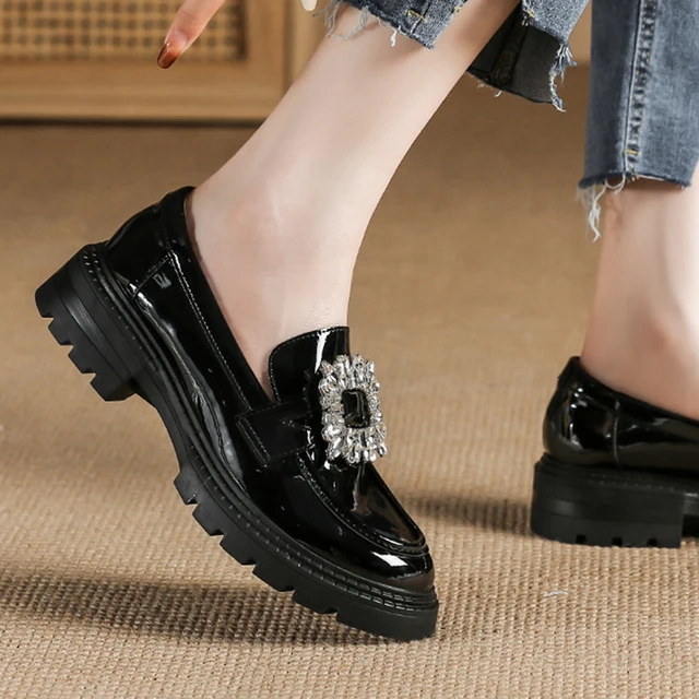 Zapatos con hebilla y diamantes de imitación para mujer, mocasines planos de suela gruesa de cuero Oxford japonés, informales, sin cordones, Lolita. - Image 4