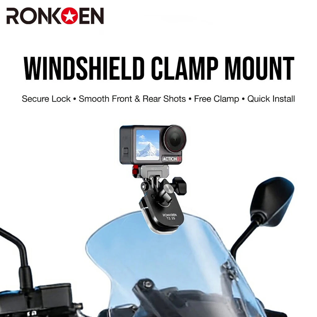Suporte de Fixação para Para-brisa de Motocicleta Ronkoen TZ-25 em Liga de Alumínio para Câmeras de Ação Insta360 X4 Ace Pro 2 / DJI Action 5 Pro