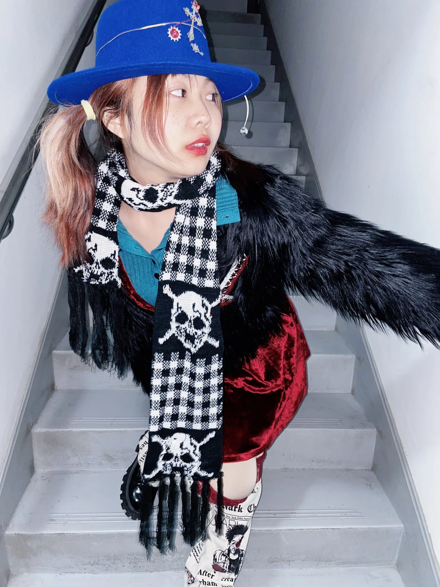 Punk Harajuku Japan Scarf Gothic Y2k Hot Girl Subculture Skull Scarves Warm Knit Scarf Black White Winter Scarves