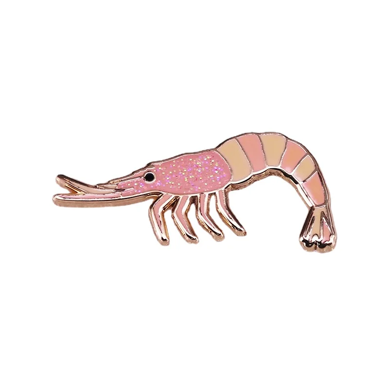 Novelty Glitter Shrimp Hard Enamel Pins Animal Lapel Pins Badge Brooch for Jewelry Accessory Wholesale