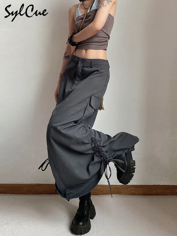 grey drawstring long skirt