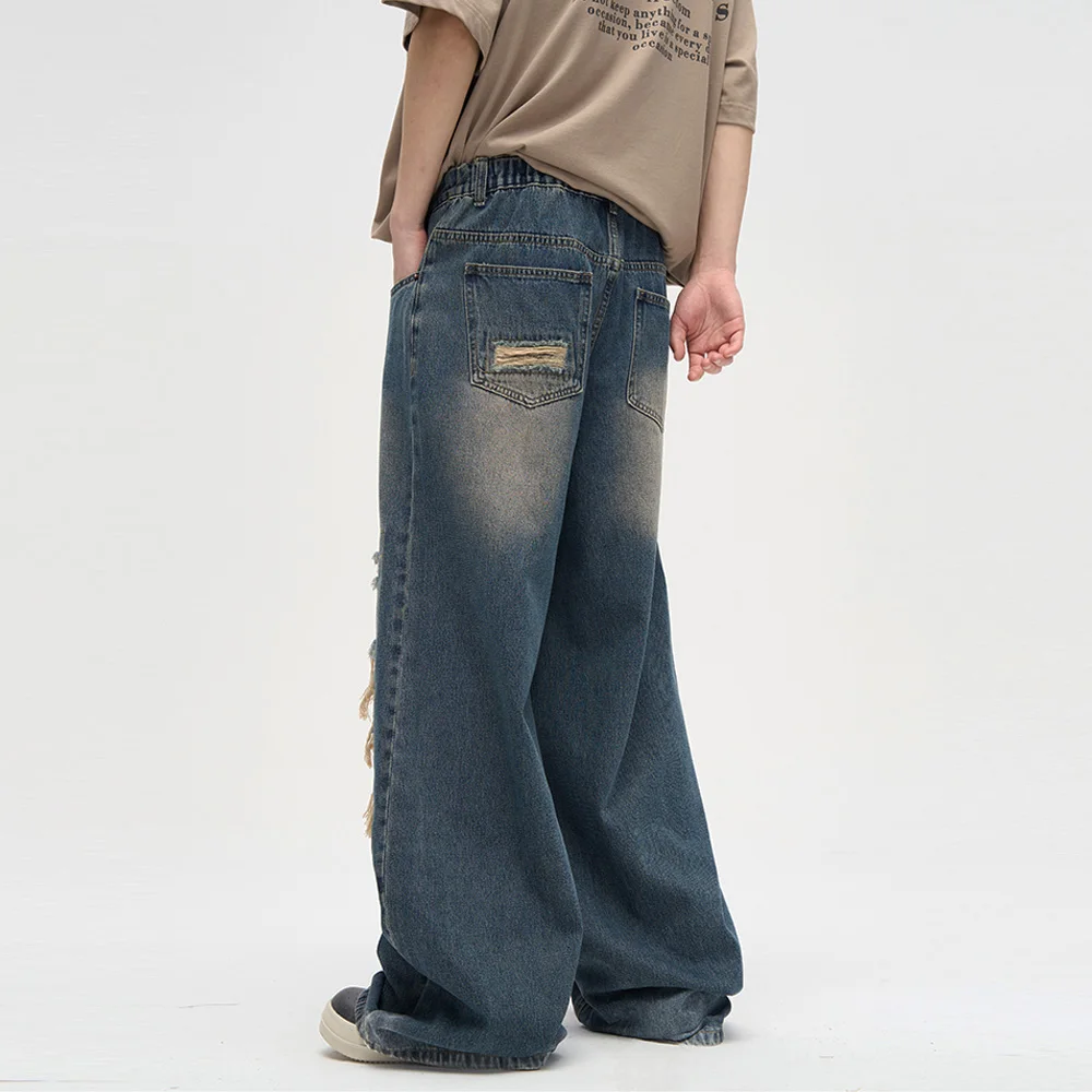 Men's Ripped Black Jeans Harajuku Wide Leg Pants Denim Baggy Y2K Cargo Pants Streetwear Koean Style Clothes Gothic