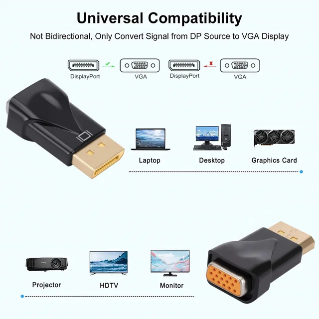 1080P DP to VGA 컨버터 어댑터는 DisplayPort와 VGA를 연결하는데 사용되며, 다양한 장치에 적용 가능합니다.