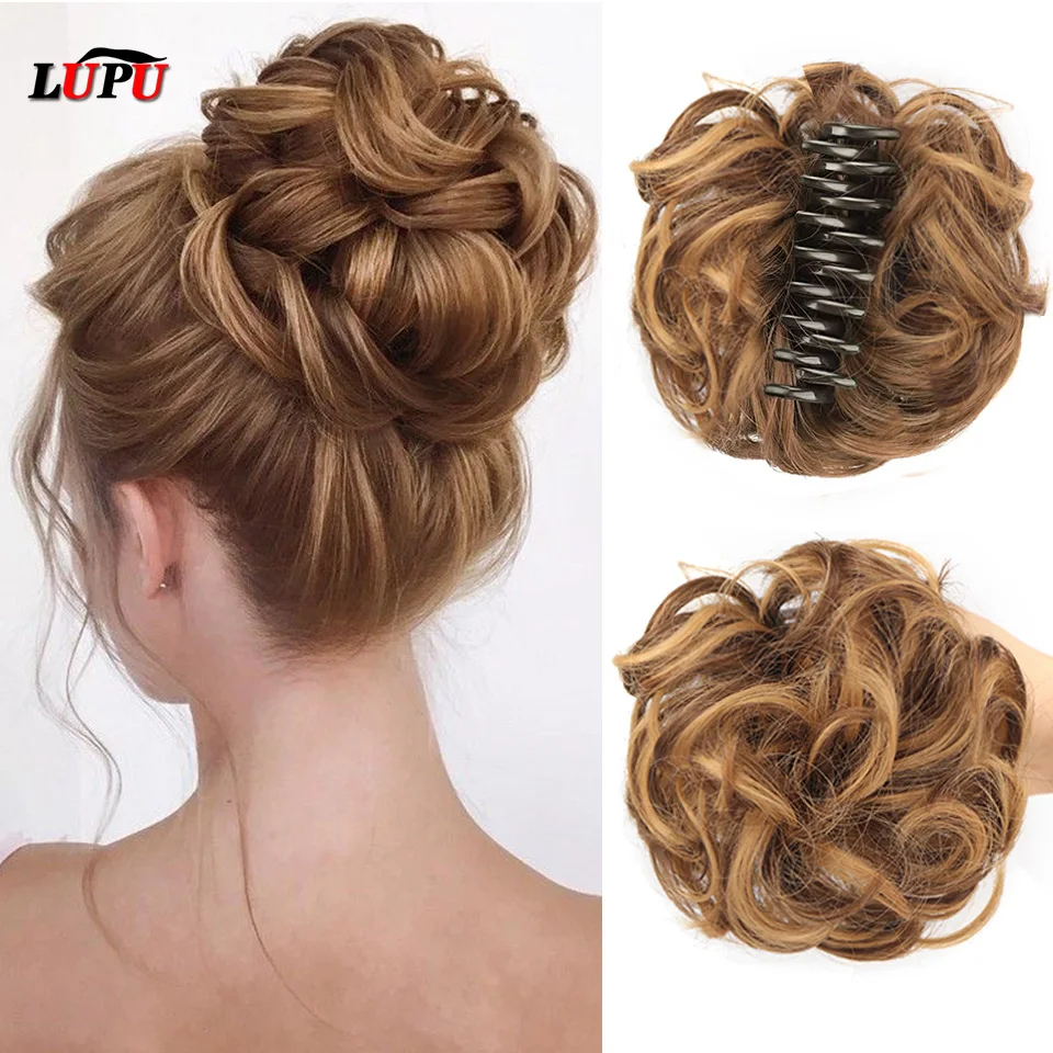 Chignon Postiche (Crocchia) Brun Mèches Dorées - Cheveux Synthétiques Bouclés, Taille Moyenne
