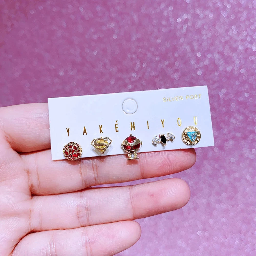 MIGGA 5pcs Mix and Match Hero Stud Earrings Set Gold Color Plated Cubic Zircon Stone Jewelry 4