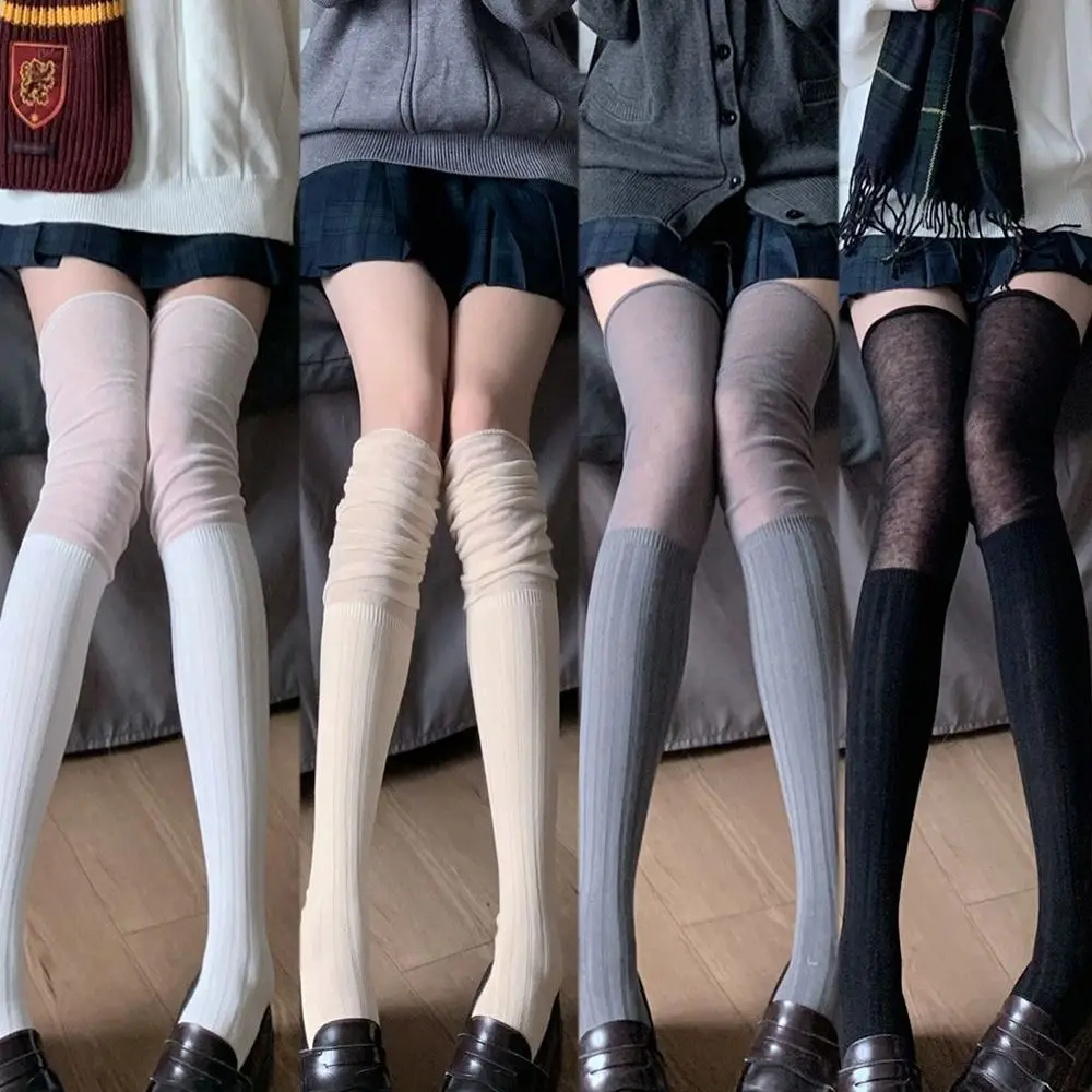 

Sexy Women High Stockings Y2k Mesh Stitching Over The Knee Socks Solid Color Sweet JK Lolita Girl Vertical Pattern Leg Stockings