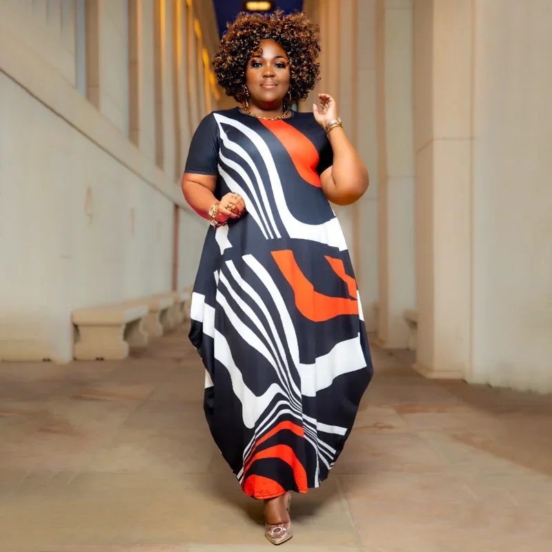 

KEXU Summer Print Loose Plus Size Maxi Dress Women Short Sleeve O-neck Casual Dresses Elegant Street Style Long Dress