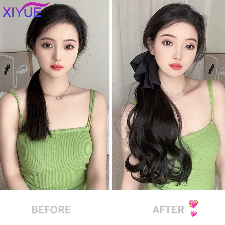 XIYUE Synthetic ponytail wig for women with long curly hair clip high ponytail sweet bow low braid fake ponytail