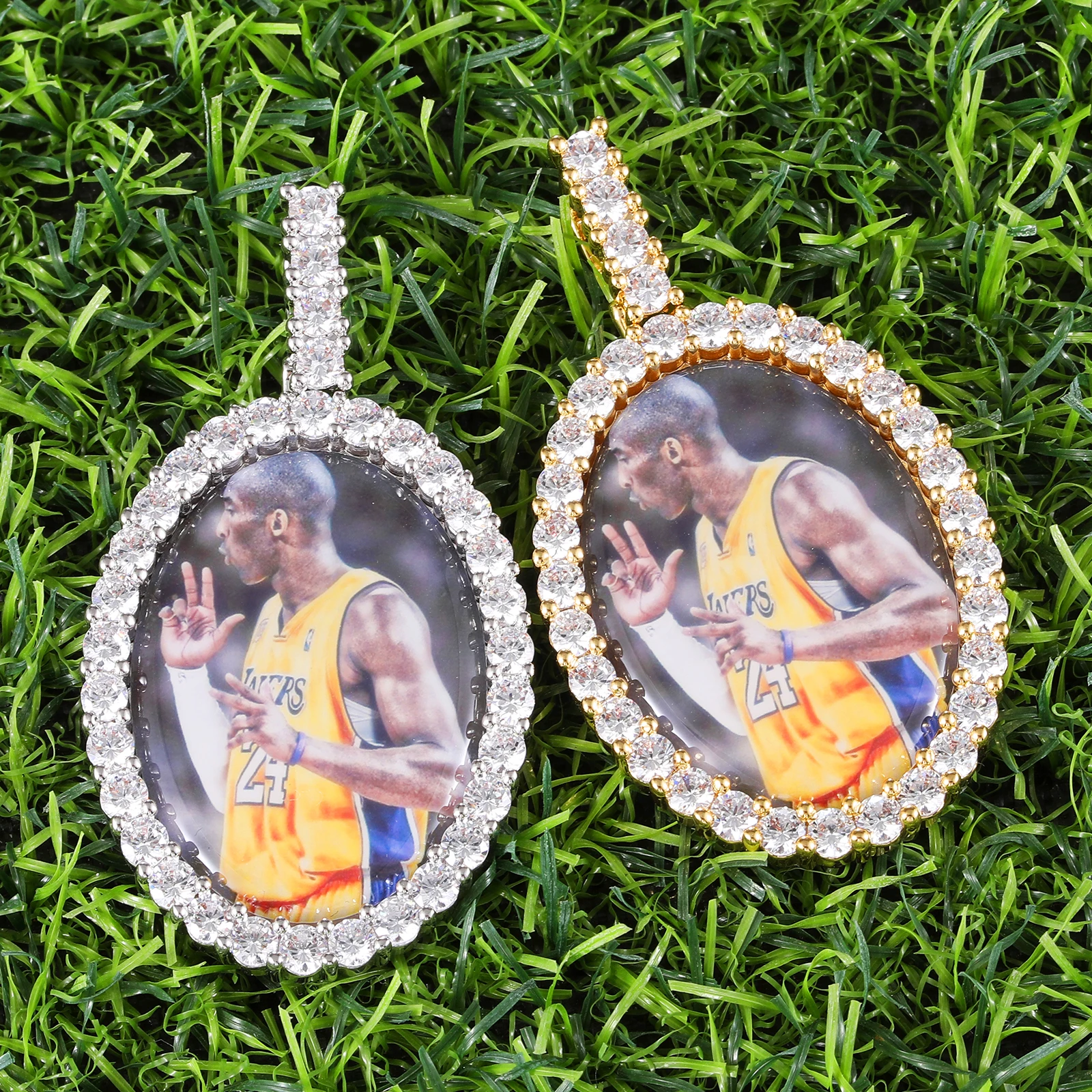 US7 Oval Shaped Custom Photo Spin Double Sided Medallion Pendant Necklace With 4mm Tennis Chain Zircon Hip Hop Jewelry