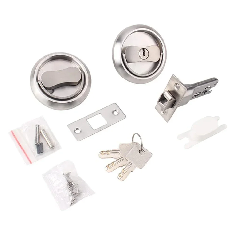 Recessed Interior Sliding Door Lock Round Privacy Sliding Door Closing with Keys Hidden Pull Ring Latch