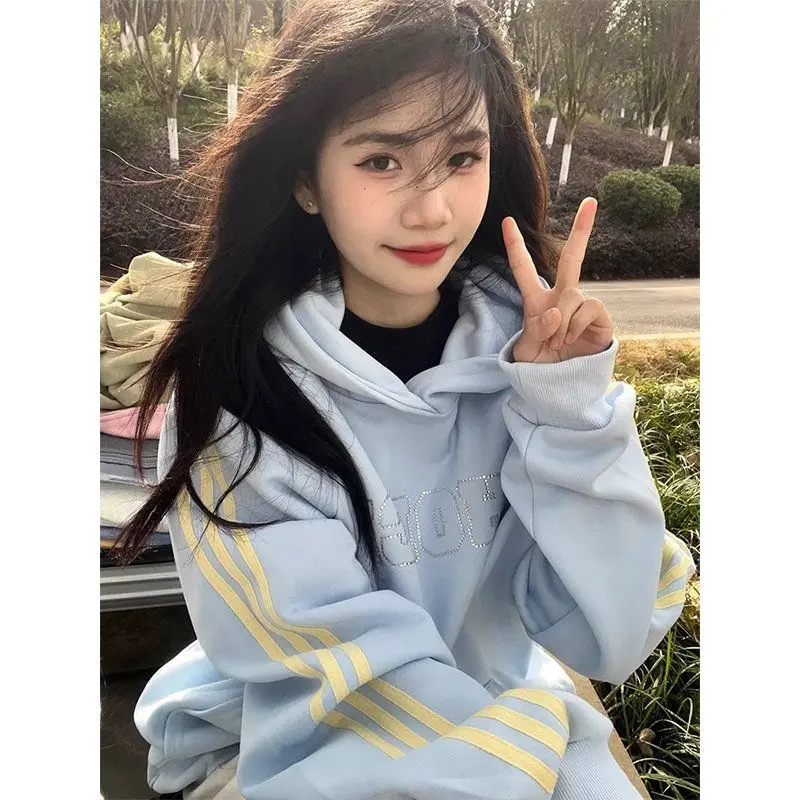 

Spring and autumn loose oversize casual versatile top tide fashion high street retro three bar hooded sweater women's 2024