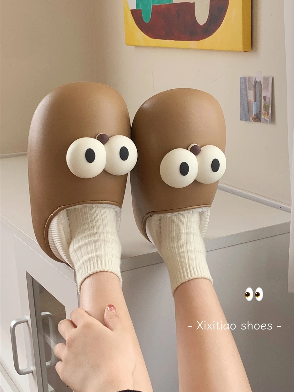 

Man Women Home Slippers Slim Couple Cotton Slippers Creative Cute Big Eyes Warm And Velvet Cotton Household Shoes