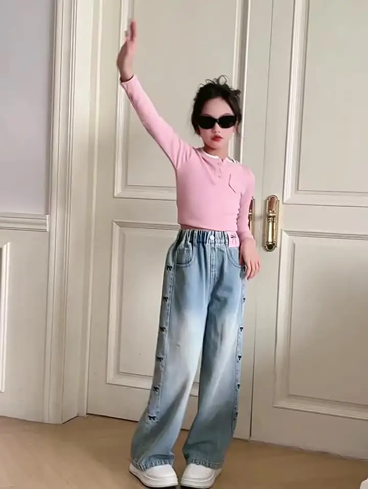 Pantalons Pour Filles Taille Haute Jambe Droite En Denim Avec Broderie Nœud Mignon Décontracté Pour Adolescents Coupe Ample Confort à La Mode