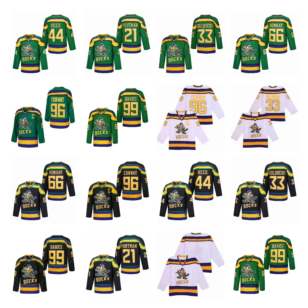 

Ice Hockey Jersey Mighty Ducks 99 Banks 96 Conway 66 Bombay 33 Goldberg Outdoor Sportswear Jerseys Sewing Embroidery Green Black