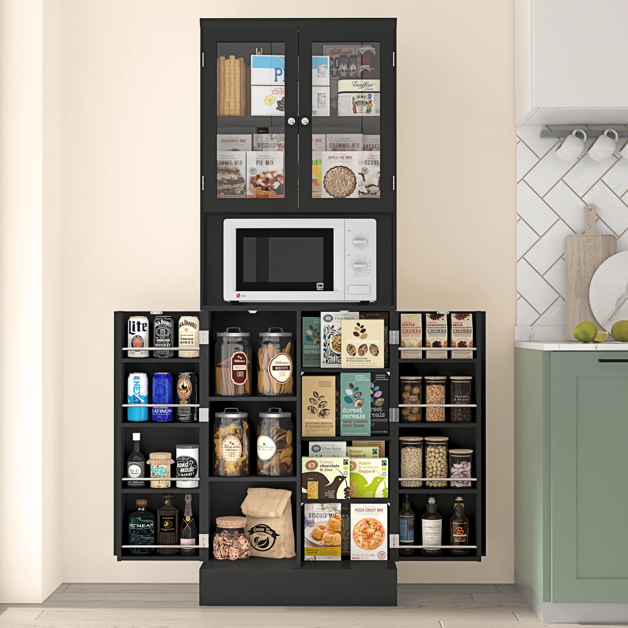 71" Tall Pantry Cabinet, Kitchen Pantry Storage Cabinet w/Glass Doors & Microwave Stand, Black Freestanding Hutch Cabinet