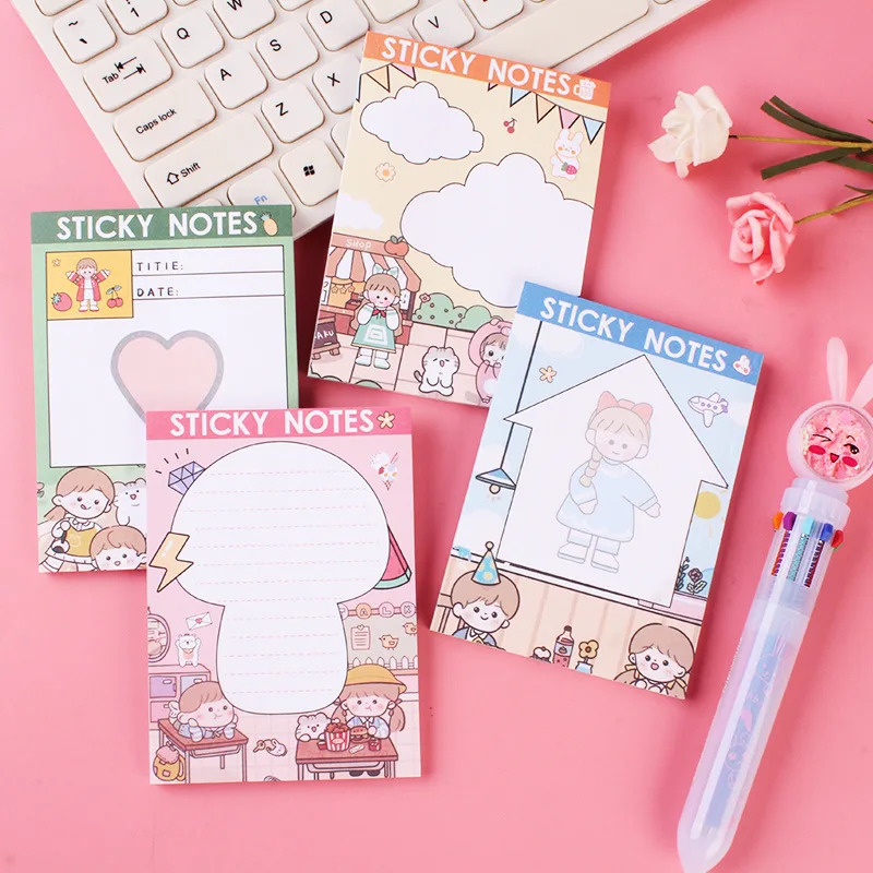 Korean Stationery Happy Cottage Sticky Notes Cute School Supplies Pocket Notepad Hand Account Memo Pads Message Label Paper Tag