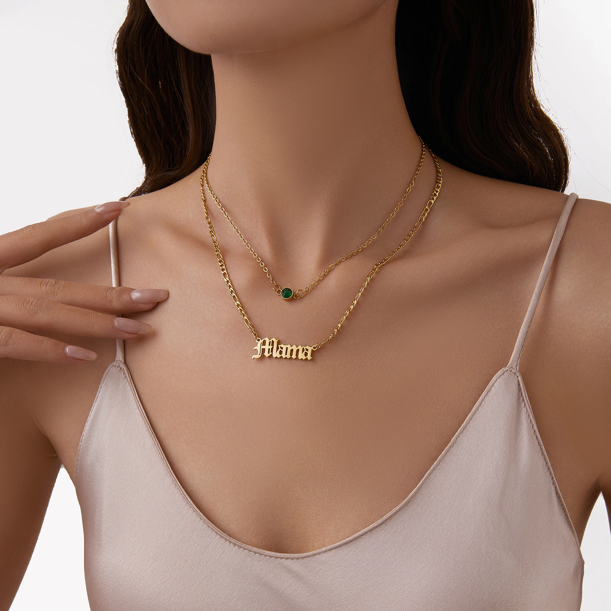 Customized stainless steel double-layer birthstone English letter necklace for women's birthday gift