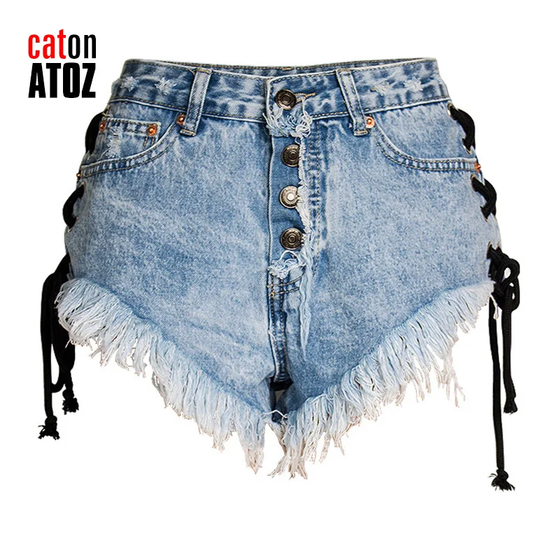 levis shorts catonATOZ 2633 Y2K 2022 New Women Summer Shorts Fashion High Waist Side Straps Tassel Denim Shorts Vetement Female Jeans booty shorts for women