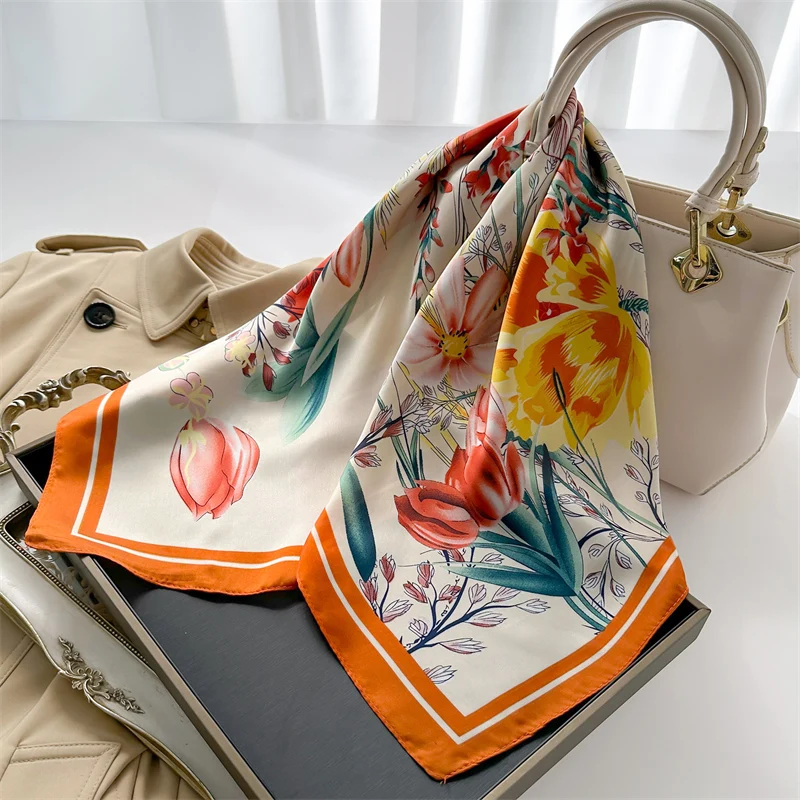 Luxury Print Silk Feeling Square Scarf Women Spring Neck Tie Shawl Wraps Female 70cm Hair Hand Wrist Headkercheif Hijab Bandana 4