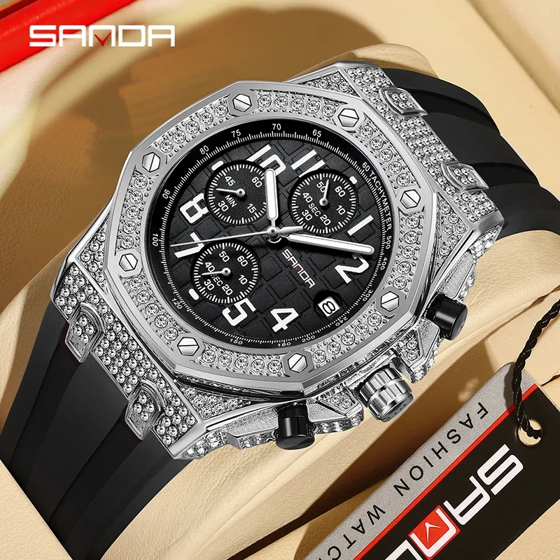 

Sanda's new 7026 diamond inlaid dial with calendar, three eyes and six needles men's creative silicone wristwatch