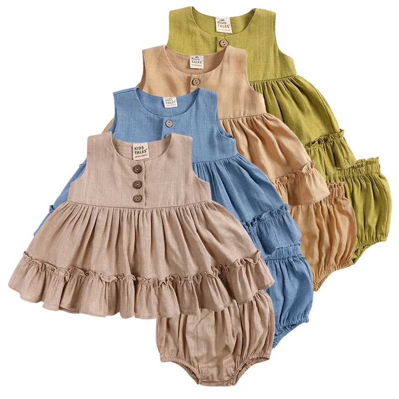

Summer Baby Girls Sleeveless Dress Cotton Linen Ruffled Princess Dress Toddler Vest Skirt+Shorts 2 Pcs Kids Children's Suits