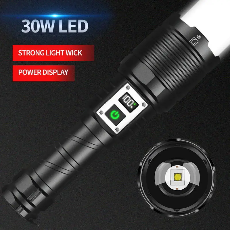 

Long Throw Range 30W High-power Torch Telescopic Focusing Strong Light Flashlight Type-c smart Charging With Power Bank Function