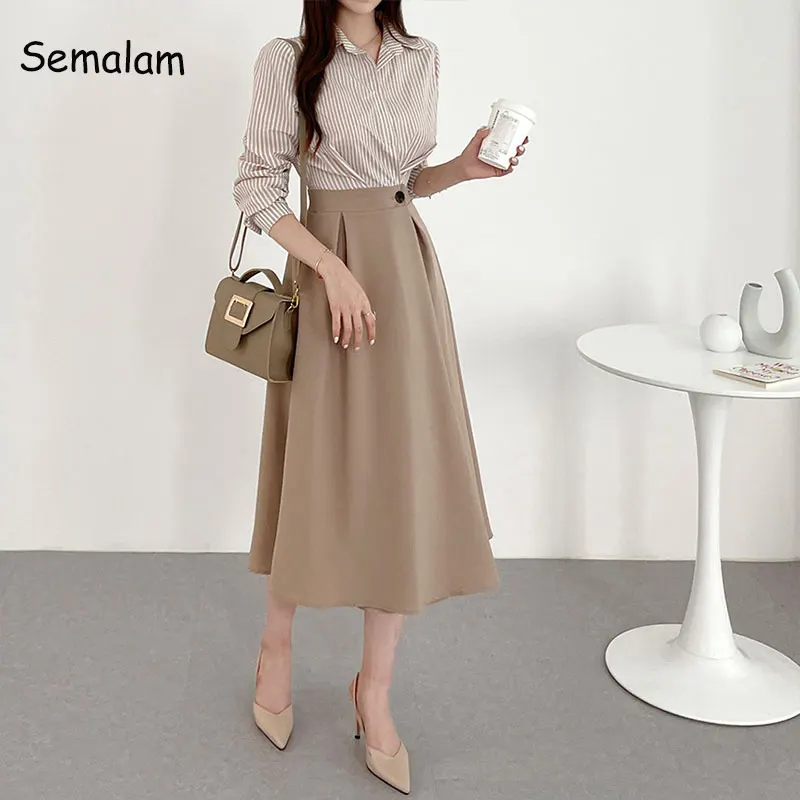 

2023 Korea Women Striped Shirt Skrit Set Spring Temperament Chic Long Sleeve Office Lady Lapel Shirt + Solid Midi Skrit Dress