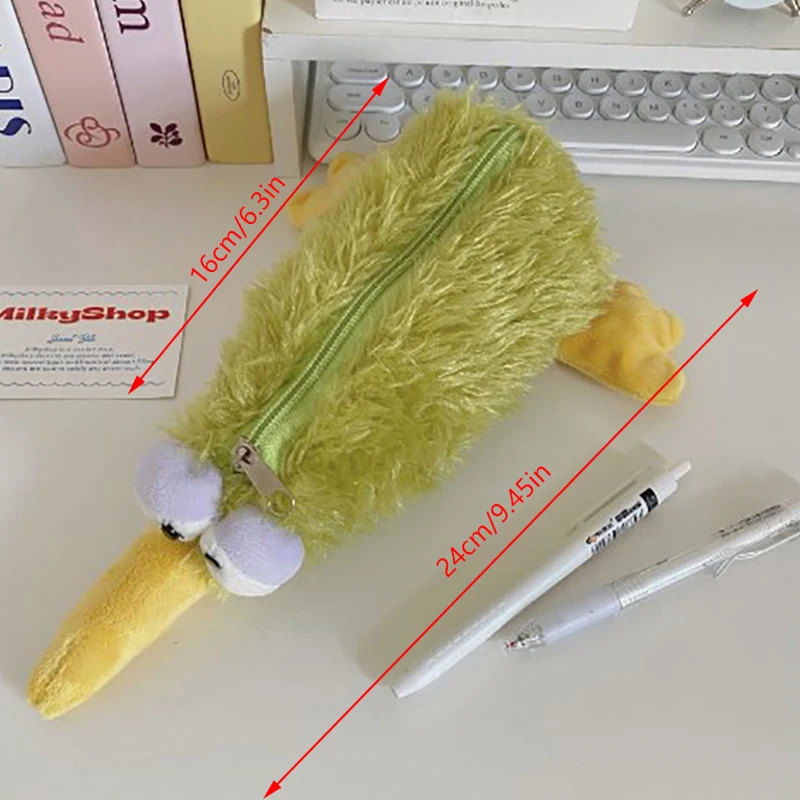 귀여운 녹색 새 모양 플러시 파우치 필통 지퍼형 푹신한 대용량 키위 필통 학용품 보관 가방