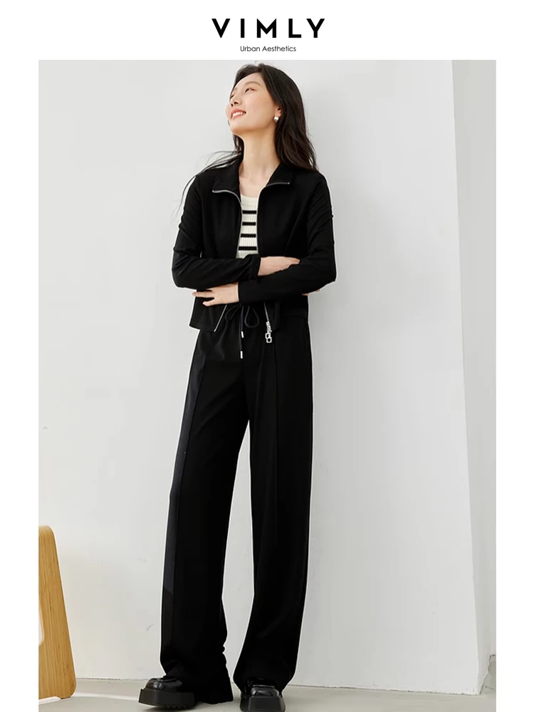 Vimly Black Two Piece Pant Sets Full Zipper Lapel Jacket Wide Leg Pants 2024 Spring New Casual Womens 2 Piece Outfit Set M5815