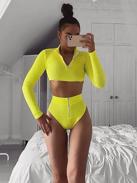 Yeezzi Women Swimsuit Bathing Suit 2 Pieces Swimwear Long Sleeves Floral Print Female Bikini Suits Rash Guard Fashion New 2021 Yellow-79693