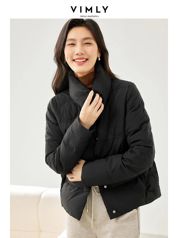 Vimly Women's Lightweight Down Jacket Black Cropped Jackets 2023 Winter New Warm Long Sleeve Coat for Woman Female Clothes 50580