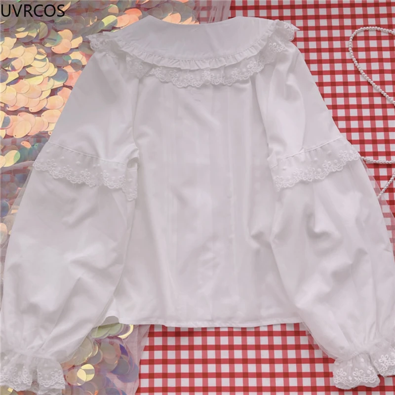 Lolita Shirt White Elegant Women Preppy Style Blouses Cute Peter Pan Collar Lace Ruffle JK Shirts Girls Long Sleeve Blusas Mujer