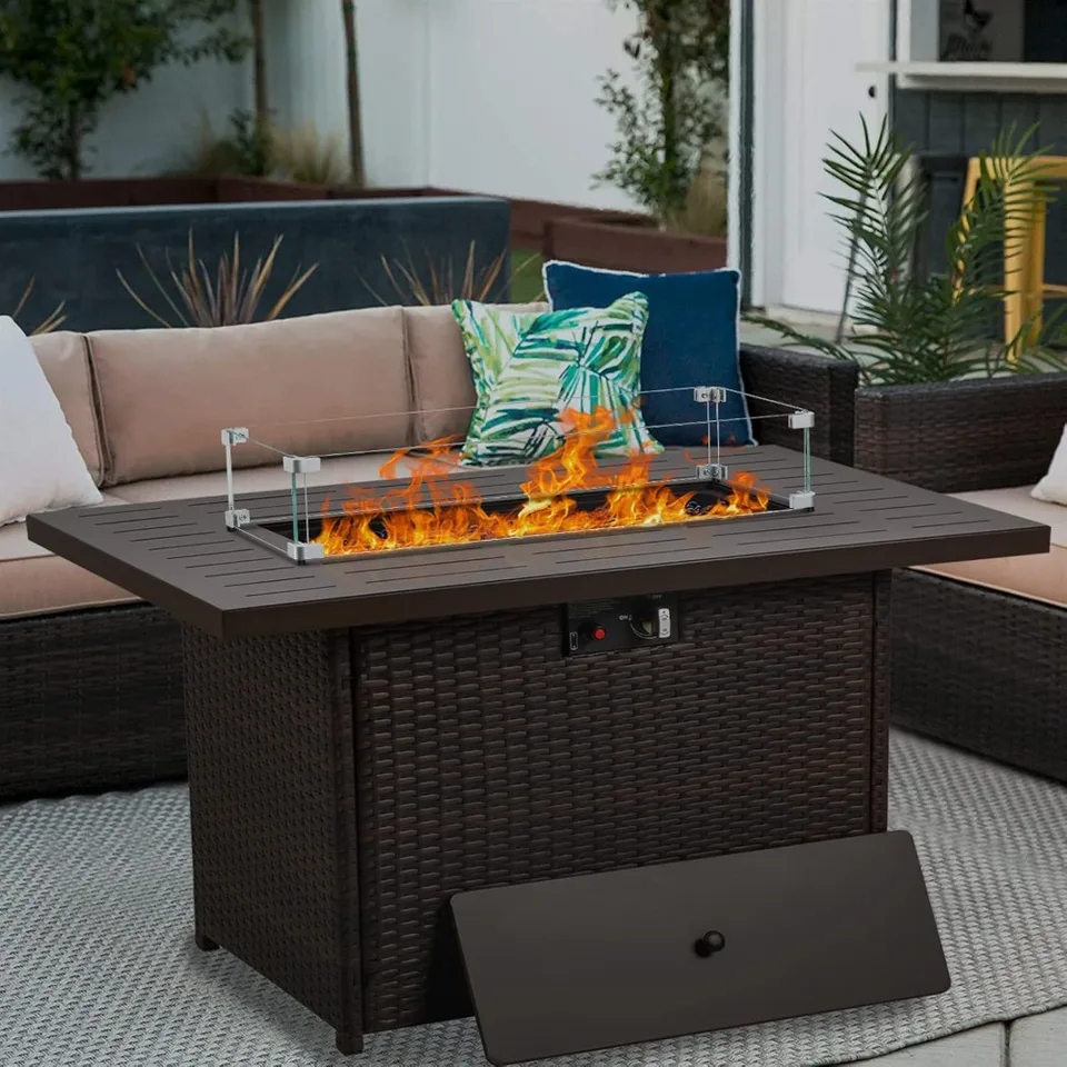 Rectangular Propane Fire Pit Table with Wind Guard