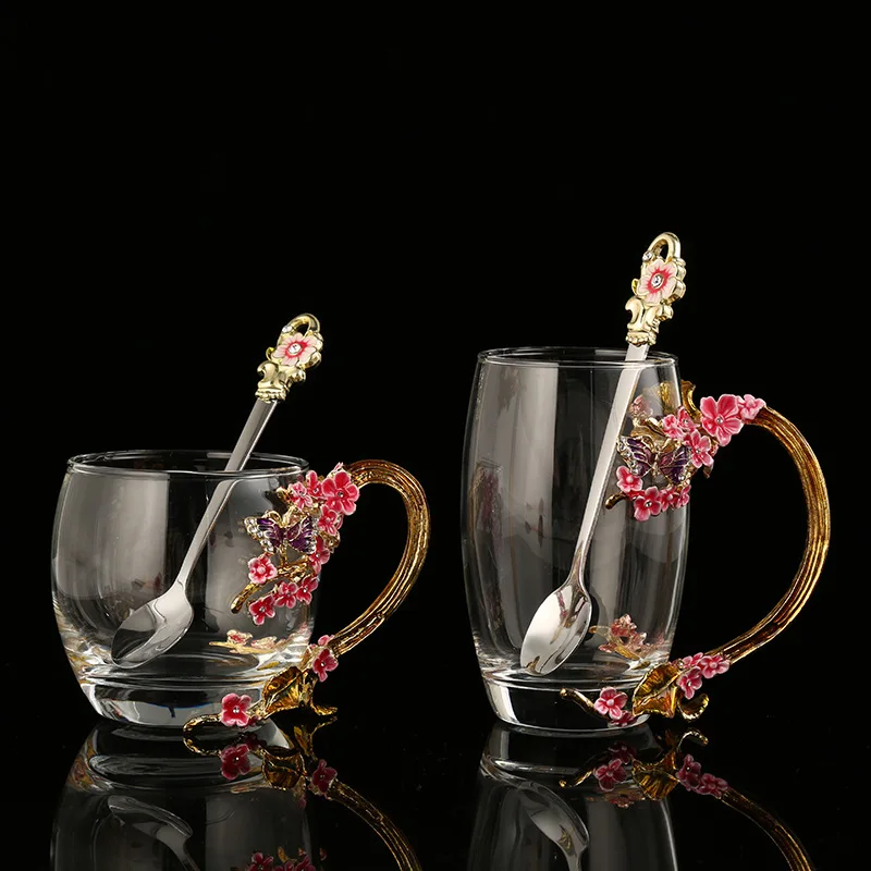 

European plum blossom enamel color set glass cup flower tea cup household heat-resistant crystal couple cup