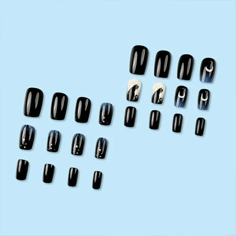 24 pcs 검은 고양이 손톱 그라디언트 인공 네일 달과 별에 스틱 여자 여자 여자를위한 손톱에 거짓 네일 글로시 프레스 t4mb