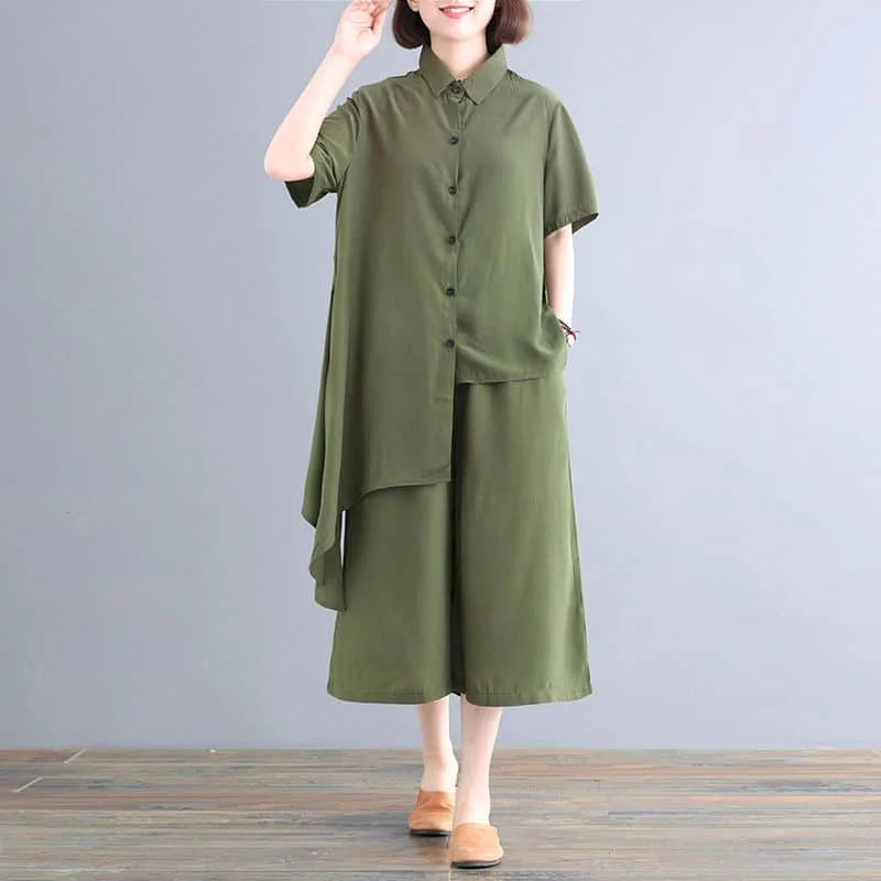 

Women's Shirts Pants Sets Short Sleeved Loose Vintage Tops and Wide Leg Pants Two Piece Sets Casual Fashion Women Blouse 2023
