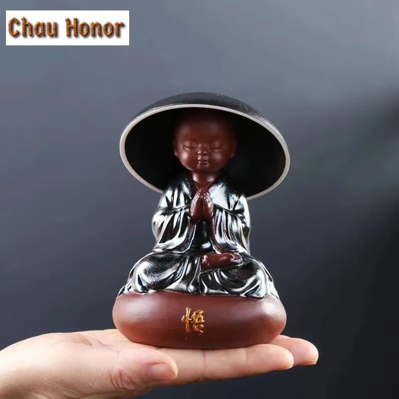 Handmade Buddha Tea Pet Purple Sand Buddha With Filter Kung Fu Tea Set Monk Tea Infuser Hat Tea Tray Censer Decor Accessories