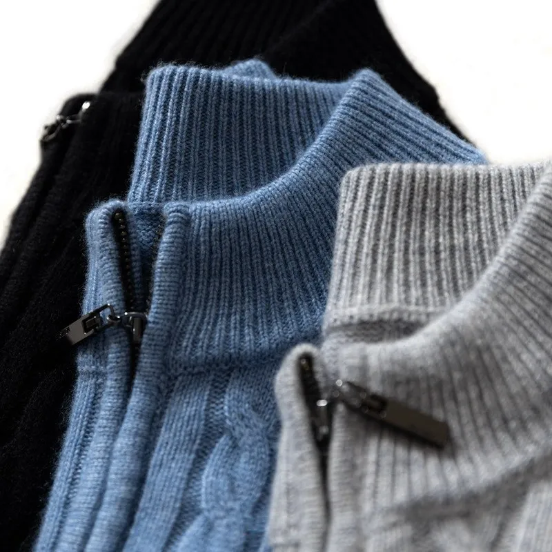 Autumn Winter Men's Cashmere Sweater Classic Comfortable Fit Twisted Cashmere Knitted Half Zip Stand Collar 6
