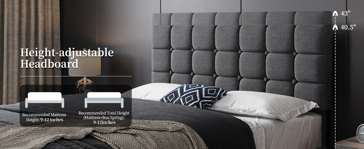 Upholstered Bed Frame with Square Tufted Headboard, Strong Wooden Slats Support Height Adjustable
