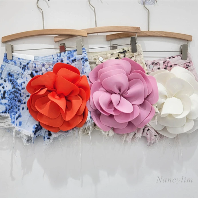 Printed Tie-Dyed Sexy All-Matching Ripped Tassel Frayed Three-Dimensional Flower Denim Shorts Wide Leg Hot Pants for Women