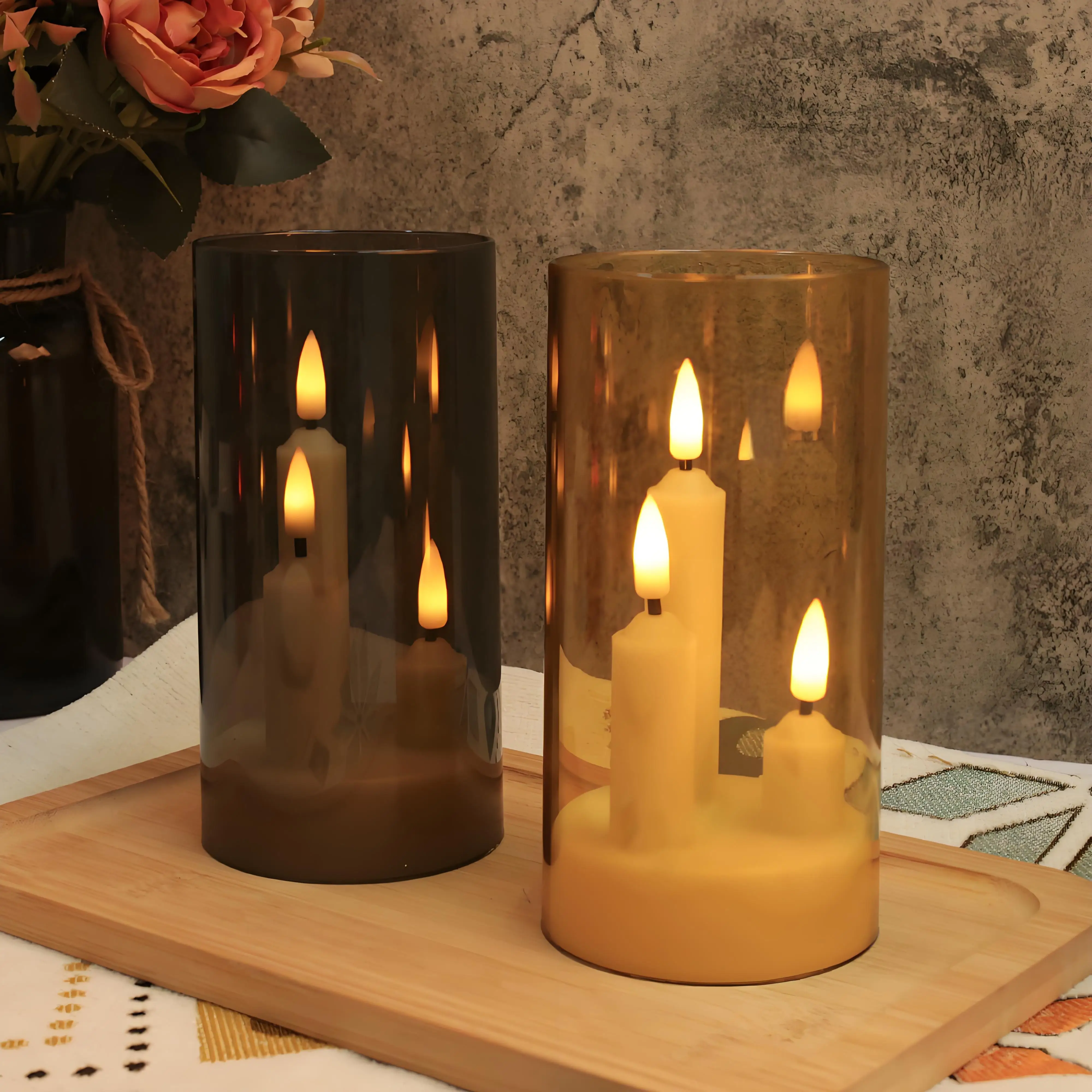 3 in 1 Flameless 5/8/10CM Taper Candles Battery Operated LED Acrylic Pillar Flickering LED Electronic Candles with Lampshade